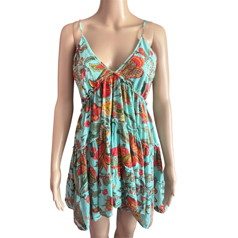 Miss June Paris Floral Babydoll Dress Boho Festival Fairycore Sequin Smocked L